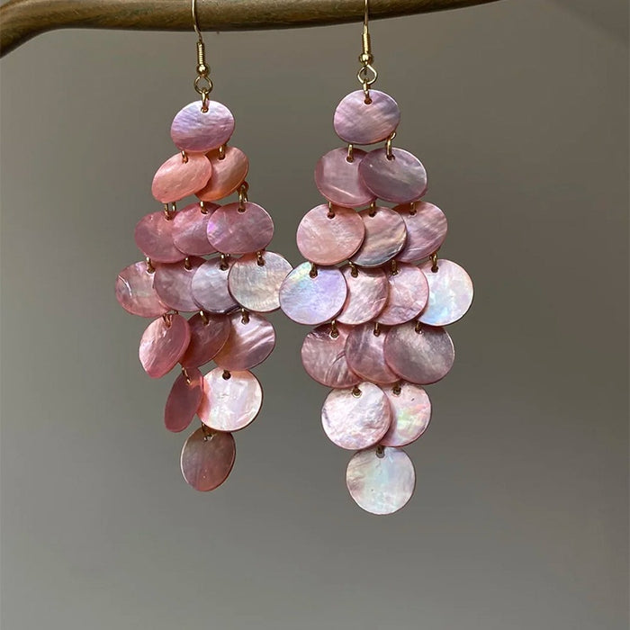 European Style Pink Shell Tassel Drop Earrings Geometric Statement Ear Hook Jewelry For Women