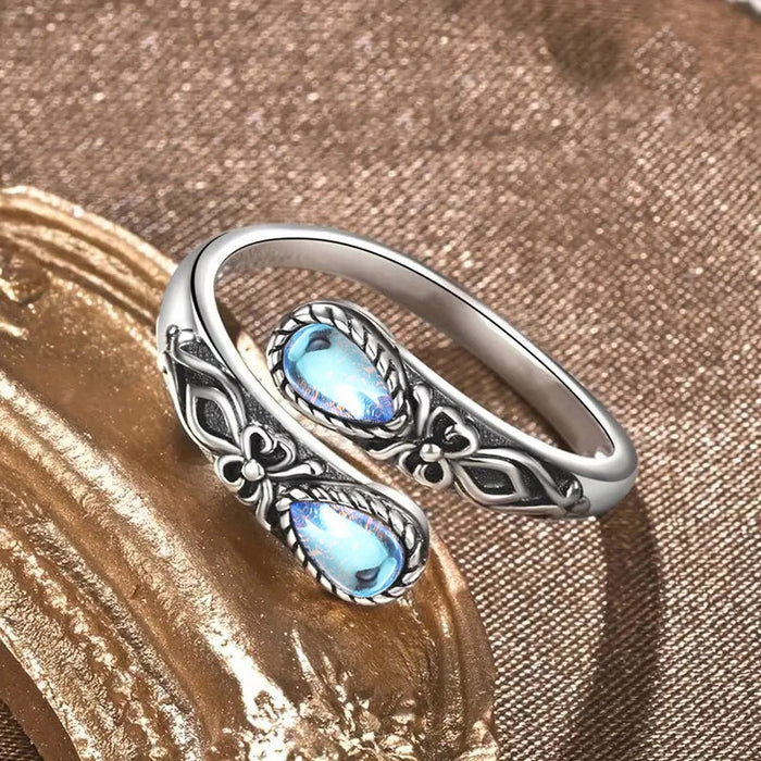 Vintage European Adjustable Open Ring For Women, Teardrop Simulated Moonstone Jewelry