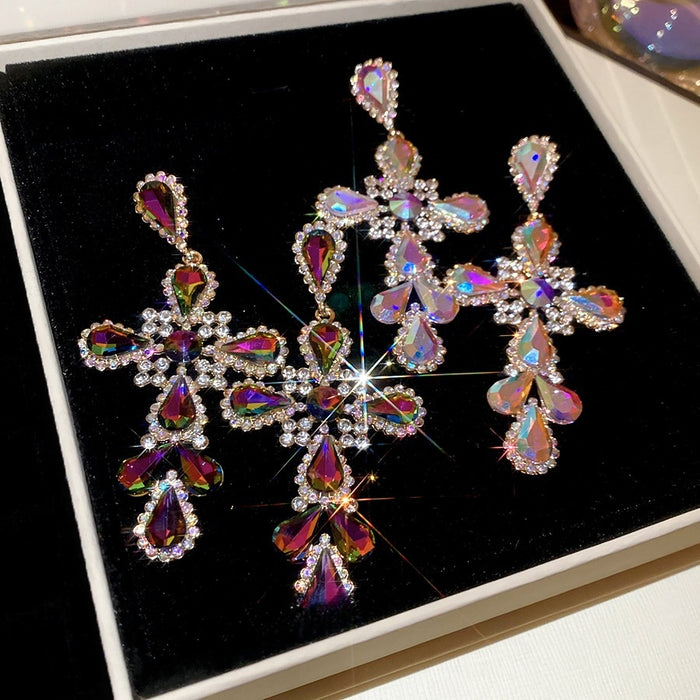 Vintage Alloy Rhinestone Cross Pendant Teardrop Drop Earrings With Silver Posts