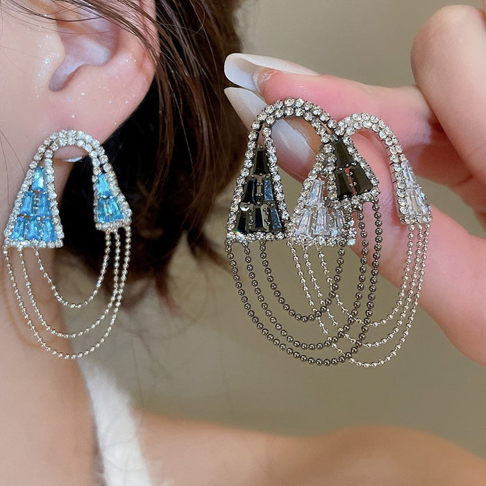 Light Luxury Geometric Zircon Tassel Copper Drop Earrings With Silver Pins For Women