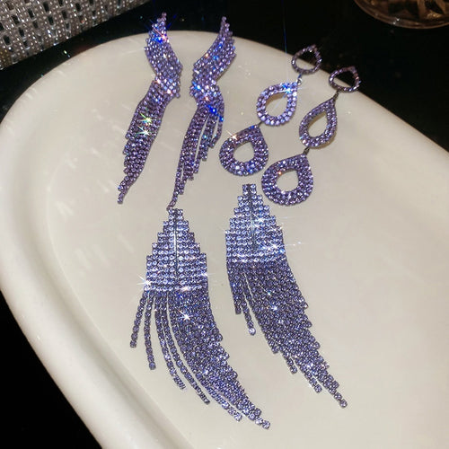 Copper Rhinestone Geometric Teardrop Wing Tassel Drop Earrings With Silver Pins