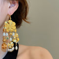 Vintage Court Style Floral Faux Pearl Teardrop Tassel Drop Earrings view 3