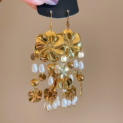 Vintage Court Style Floral Faux Pearl Teardrop Tassel Drop Earrings