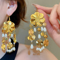 Vintage Court Style Floral Faux Pearl Teardrop Tassel Drop Earrings view 1