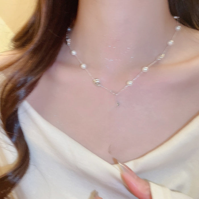Irregular Faux Pearl And Black Stone Beaded Necklace Light Luxury Geometric Collarbone Jewelry