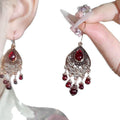 Vintage Red Glass Teardrop Floral Tassel Drop Earrings Light Luxury Ear Hook Jewelry view 5