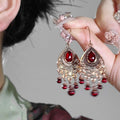 Vintage Red Glass Teardrop Floral Tassel Drop Earrings Light Luxury Ear Hook Jewelry view 2