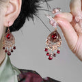 Vintage Red Glass Teardrop Floral Tassel Drop Earrings Light Luxury Ear Hook Jewelry view 3