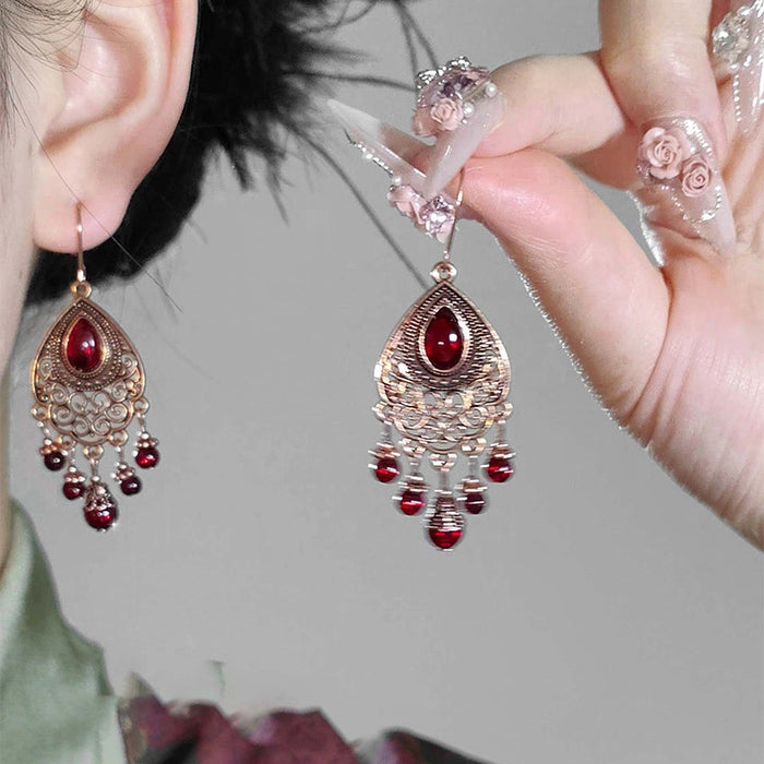Vintage Red Glass Teardrop Floral Tassel Drop Earrings Light Luxury Ear Hook Jewelry