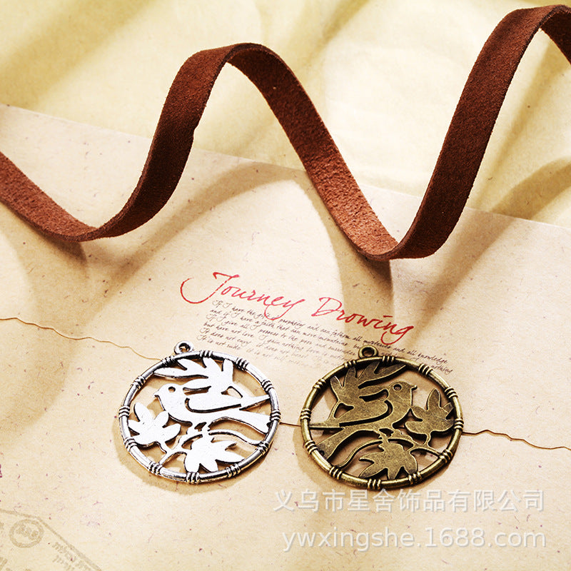 Vintage Double-Sided Bird and Floral Round Charm Pendant, 32mm