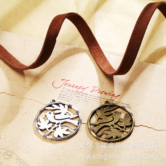 Vintage Double-Sided Bird and Floral Round Charm Pendant, 32mm