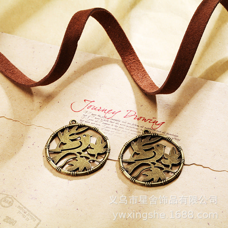 Vintage Double-Sided Bird and Floral Round Charm Pendant, 32mm