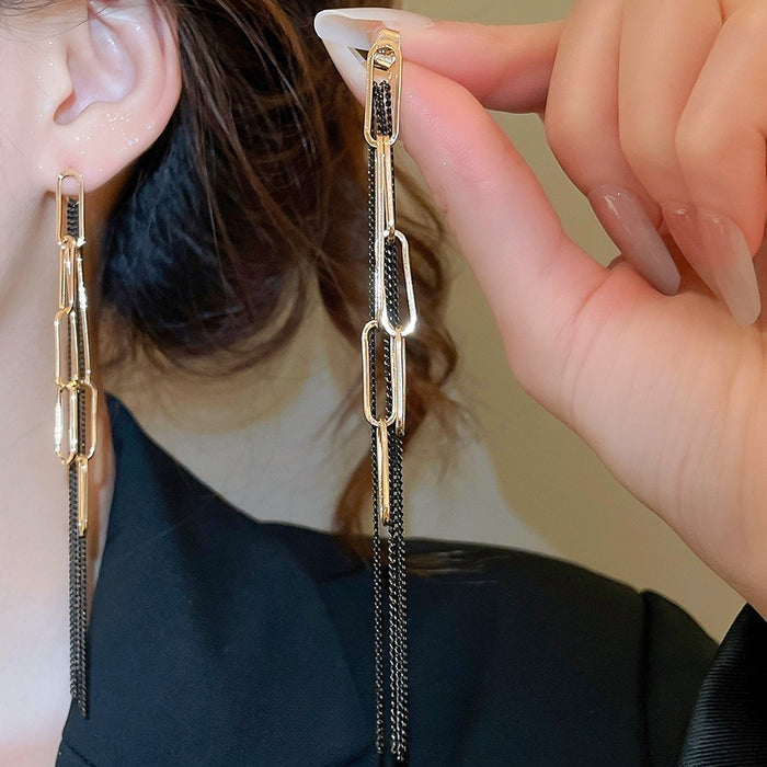 Metal Oval Chain Tassel Drop Earrings Minimalist Geometric Stud Style For Women