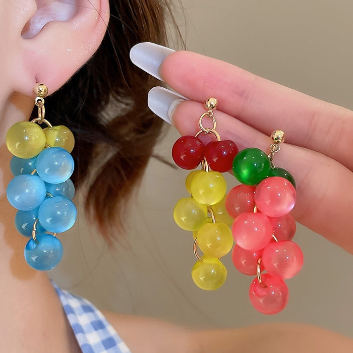 Resin Grape Tassel Drop Earrings With Silver Pins Forest Style Summer Stud Jewelry