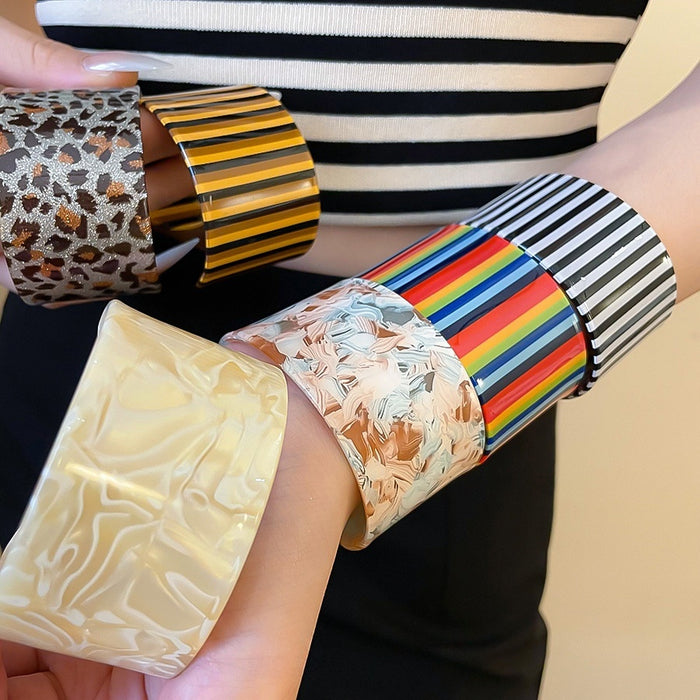 Iridescent Vertical Stripe Acrylic Open Cuff Bangle European American Fashion Statement Jewelry