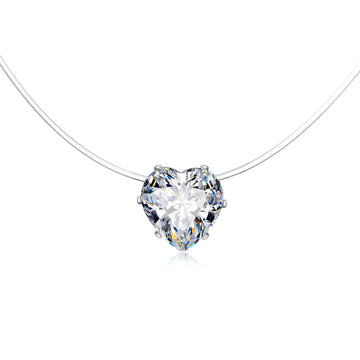 Silver Tone Prong-Set Heart Crystal Invisible-Line Pendant Necklace