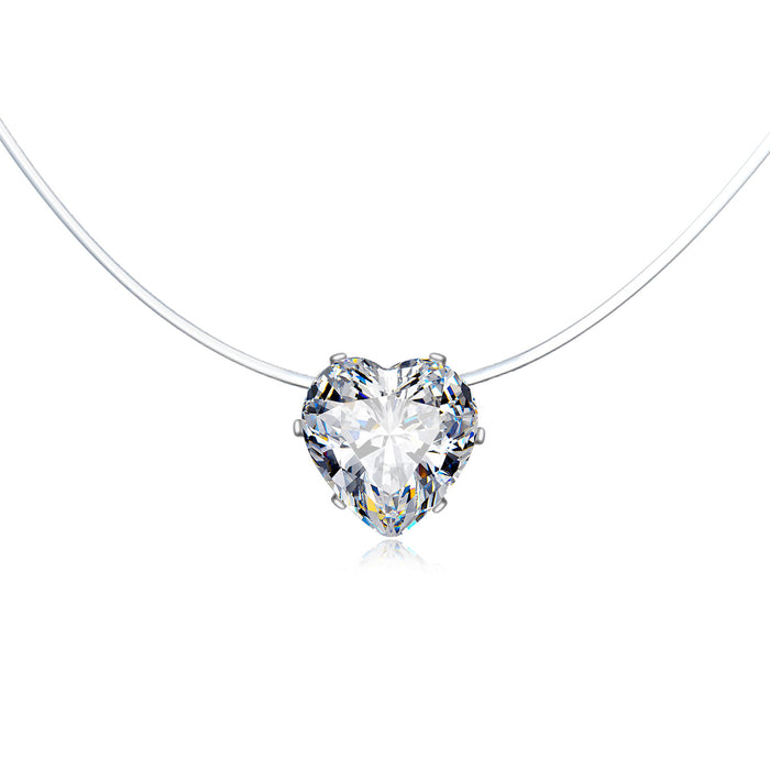 Silver Tone Prong-Set Heart Crystal Invisible-Line Pendant Necklace