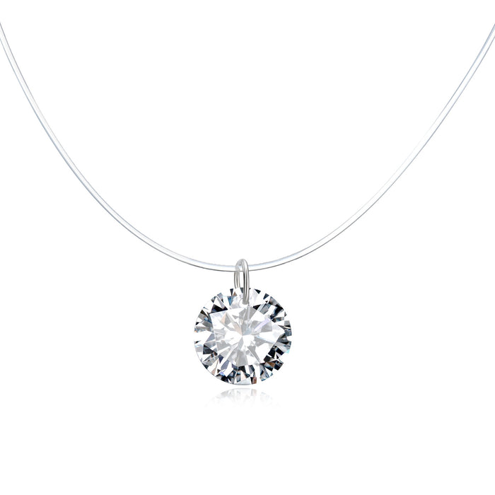 Clear Round Crystal Drop Invisible-Line Necklace with Silver Tone Loop