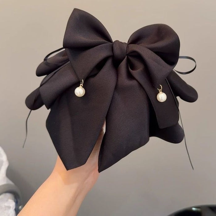 Black Bow Pearl Pendant Claw Clip Elegant Updo Hair Accessory