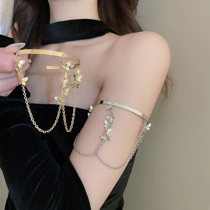 Metal Butterfly Tassel Chain Open Cuff Bangle European Style Fashion Arm Bracelet