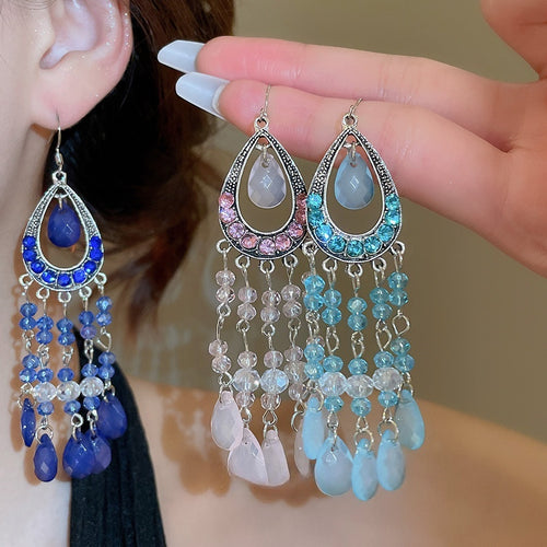 Vintage Ethnic Rhinestone Teardrop Glass Tassel Drop Earrings With Hook
