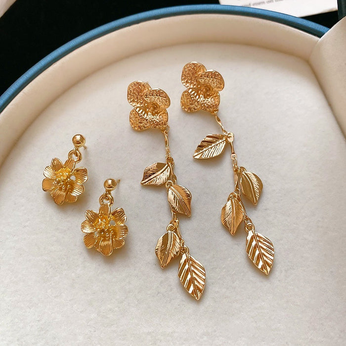 Chic Alloy Flower Leaf Tassel Drop Earrings With Silver Pin, Minimalist Light Luxury Fashion Jewelry
