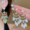 Vintage Ginkgo Leaf Glass Teardrop Tassel Drop Earrings With Rhinestone Silver Pin view 2
