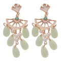 Vintage Ginkgo Leaf Glass Teardrop Tassel Drop Earrings With Rhinestone Silver Pin view 5