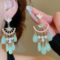 Vintage Ginkgo Leaf Glass Teardrop Tassel Drop Earrings With Rhinestone Silver Pin view 4