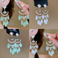Vintage Ginkgo Leaf Glass Teardrop Tassel Drop Earrings With Rhinestone Silver Pin view 1