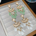 Vintage Ginkgo Leaf Glass Teardrop Tassel Drop Earrings With Rhinestone Silver Pin view 3