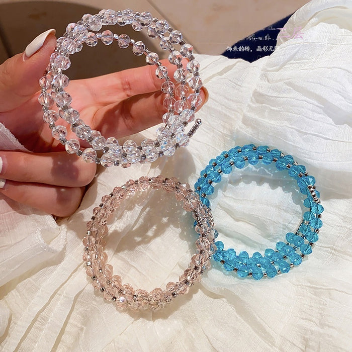 Fresh Style Crystal Geometric Round Bead Triple Layer Open Bangle