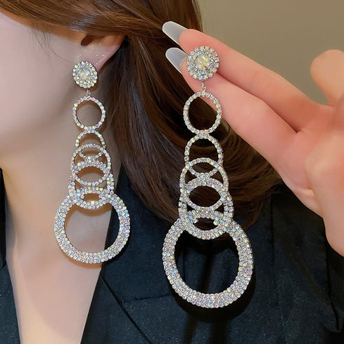 Copper Round Rhinestone Tassel Drop Earrings With Silver Posts Luxury European Style
