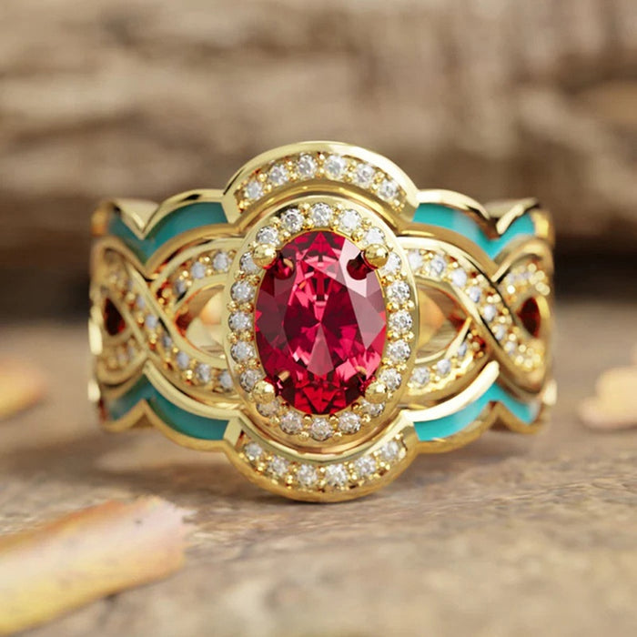 Palace Style Three Piece Ring Set For Women, Indian Middle East Enamel Geometric Jewelry