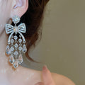 Copper Silver Needle Rhinestone Geometric Leaf Tassel Drop Earrings For Women Light Luxury Style view 3