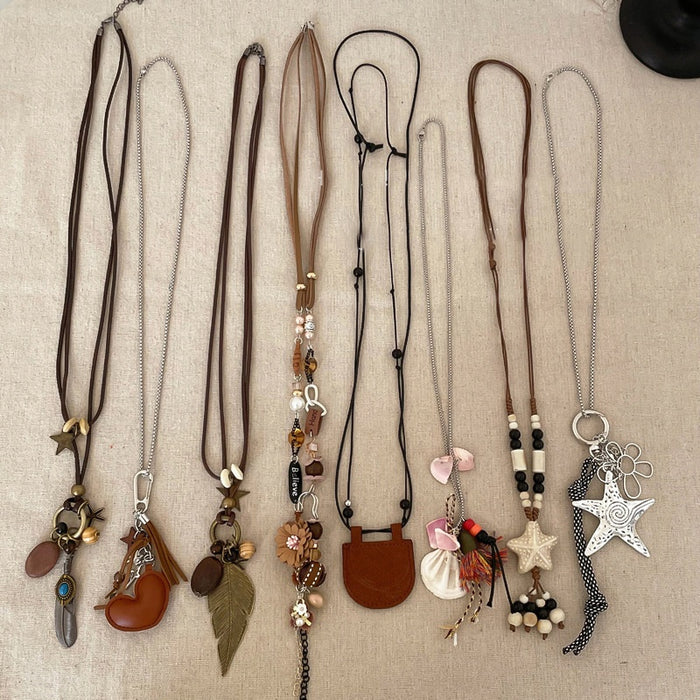 Vintage Ethnic Alloy Feather Star Oval Faux Wood Geometric Clavicle Necklace