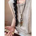 Vintage Ethnic Alloy Feather Star Oval Faux Wood Geometric Clavicle Necklace view 4