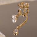 Gold Plated Zircon Tassel Clip-on Earrings With Faux Pearl Leaf Teardrop Luxury Design view 4