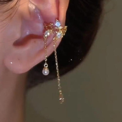 Gold Plated Zircon Tassel Clip-on Earrings With Faux Pearl Leaf Teardrop Luxury Design
