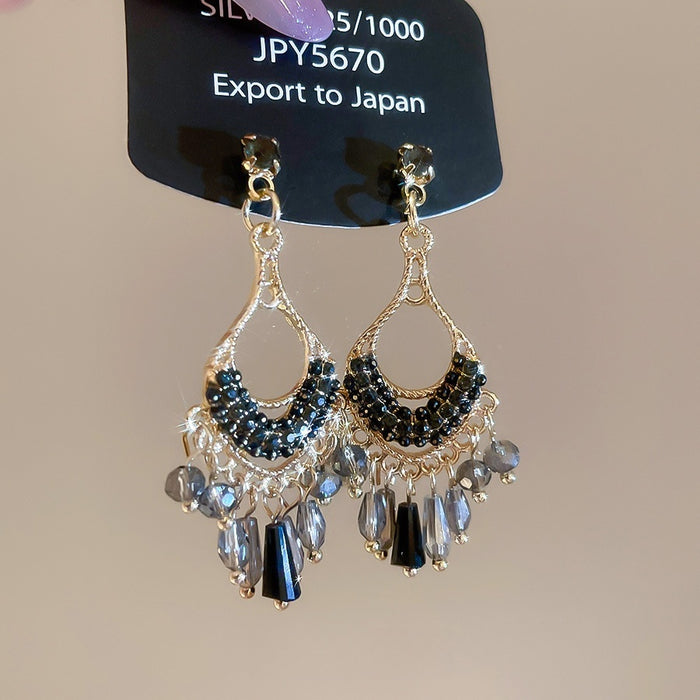 Vintage Ethnic Style Glass Rhinestone Tassel Drop Earrings With Silver Needle Posts