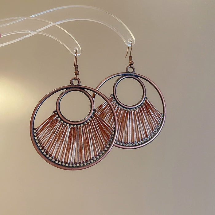 Vintage Ethnic Alloy Geometric Round Hollow Pendant Woven Hook Drop Earrings