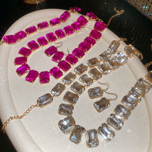 Light Luxury Metal Square Rhinestone Tassel Necklace Bracelet Earrings Jewelry Set