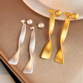 Irregular Twisted Brushed Metal Pearl Drop Earrings Geometric Light Luxury Statement Style view 1