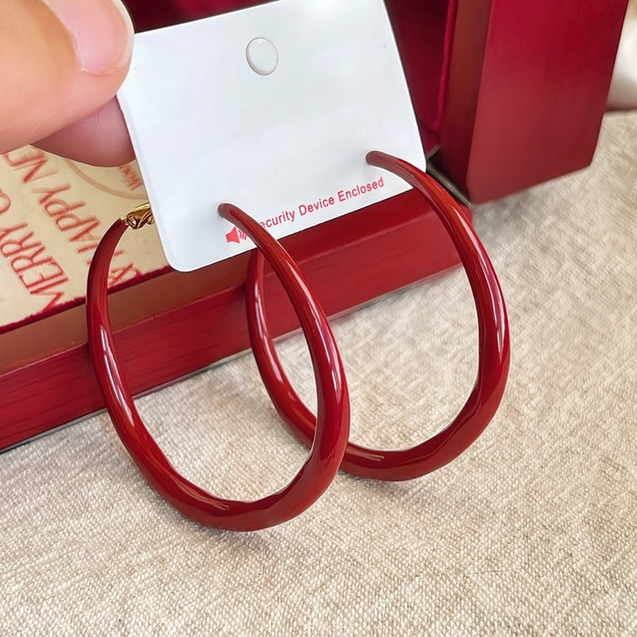 Iron Red Enamel Round Hoop Earrings Vintage Hong Kong Style Minimalist Commuter Jewelry