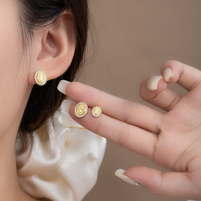 Vintage Oval Virgin Mary Rhinestone Stud Earrings Gold Tone Alloy Religious Luxury Geometric Earrings