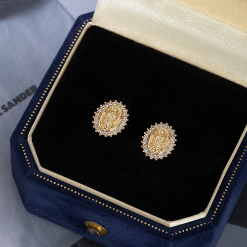 Vintage Oval Virgin Mary Rhinestone Stud Earrings Gold Tone Alloy Religious Luxury Geometric Earrings