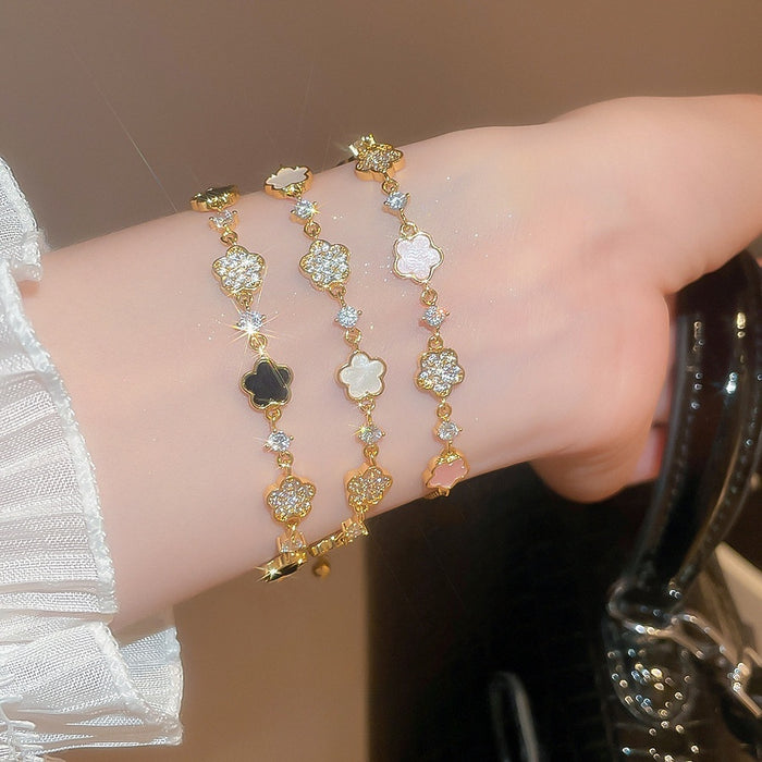 Light Luxury Copper Bangle With Zircon Flower Pendant And Acetate Floral Charm For Women