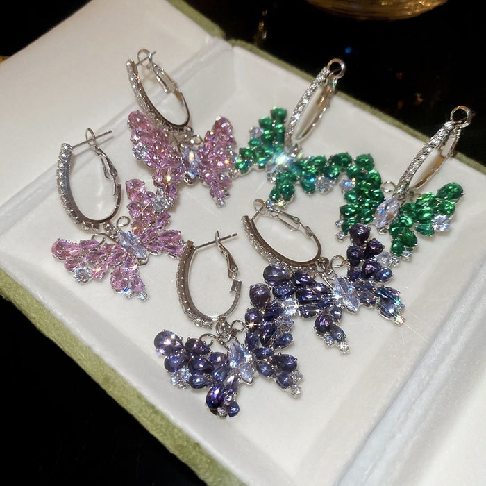 Light Luxury Copper Hoop Earrings With Sparkling Zircon Butterfly Charm And Silver Needle Posts