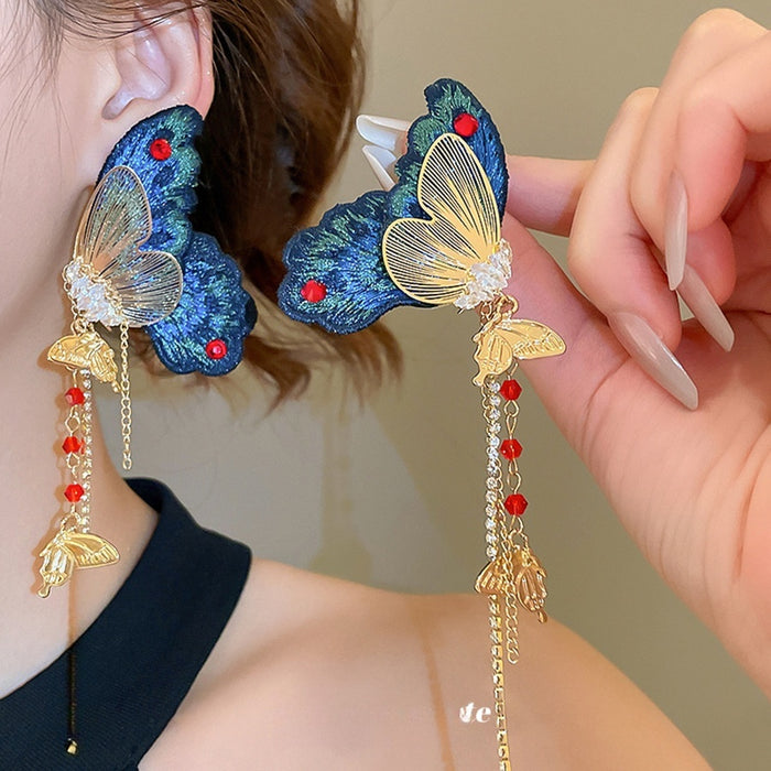 Zircon Butterfly Wing Tassel Drop Earrings With Wool Embroidery And Court Style Silver Needles