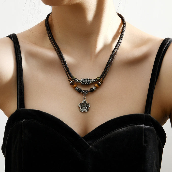 Vintage PU Leather Braided Flower Pendant Double Layer Women's Necklace Fashion Valentine Gift